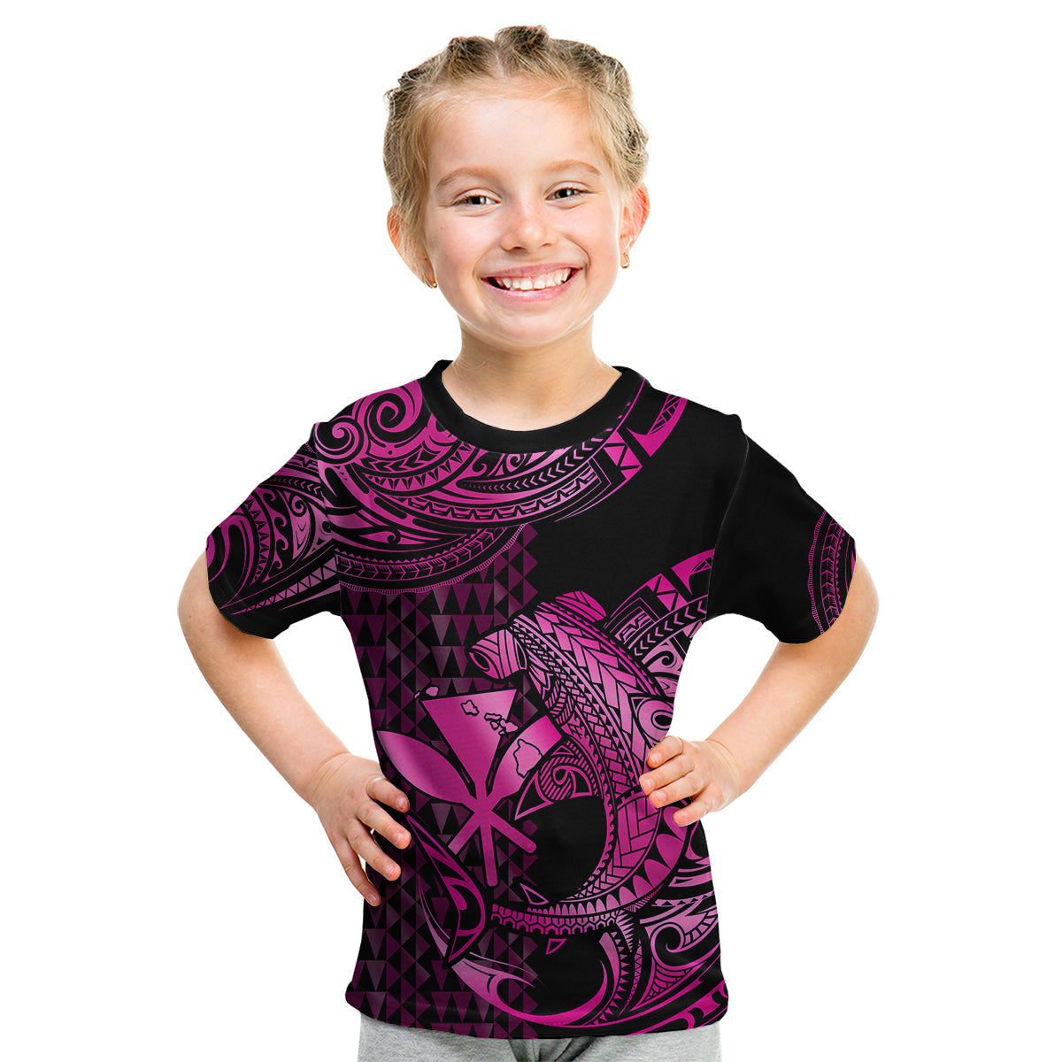 (Custom Personalised) Hawaii Hammerhead Shark Kid T Shirt Polynesian Kakau With Kanaka Pink - Wonder Print Shop