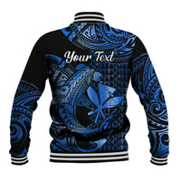 Unisex blue/black baseball jacket back with shark print and 'Your Text', ribbed hem stripes