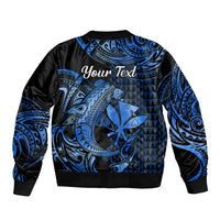 Blue-and-black bomber jacket with back shark graphic and 'Your Text' script