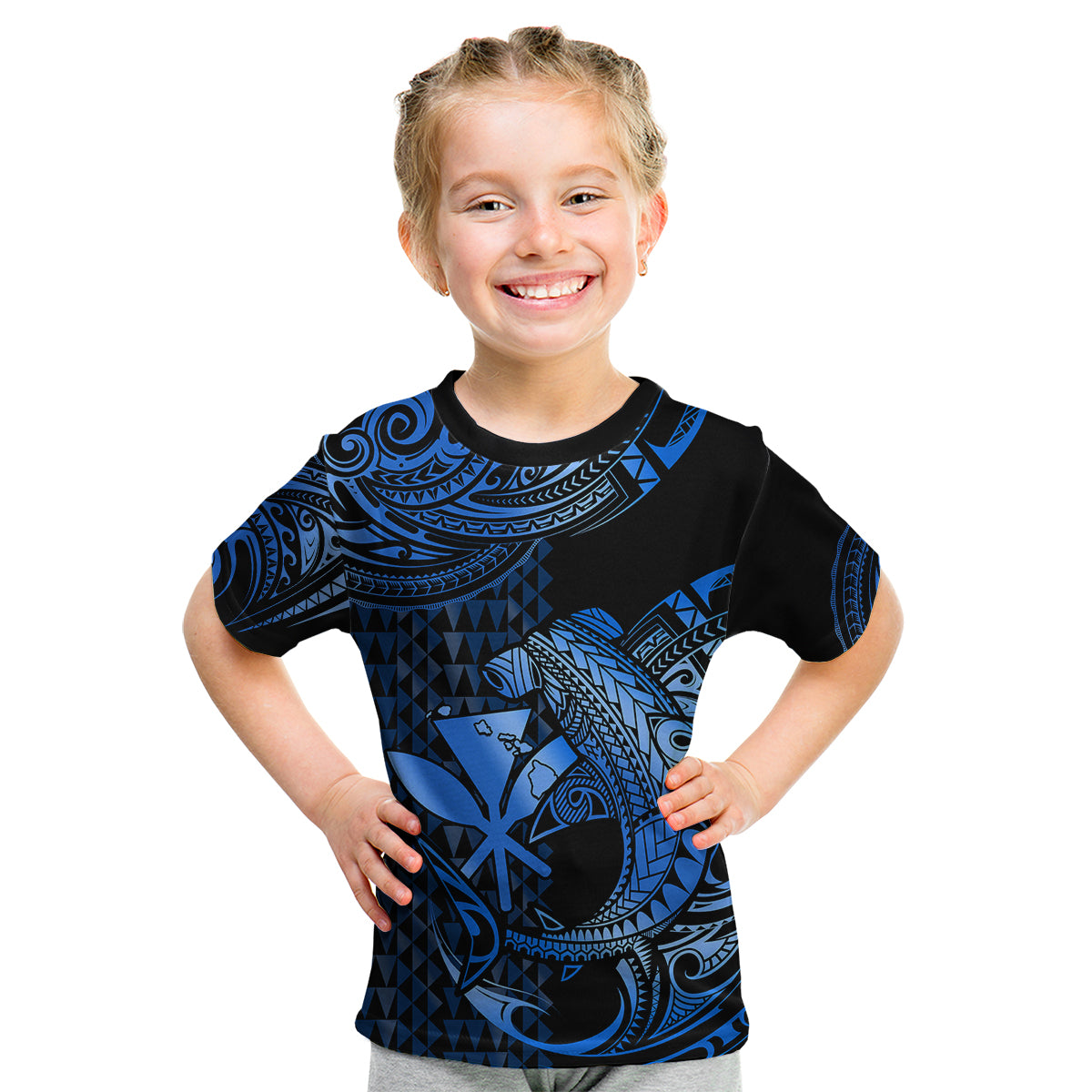 (Custom Personalised) Hawaii Hammerhead Shark Kid T Shirt Polynesian Kakau With Kanaka Blue - Wonder Print Shop