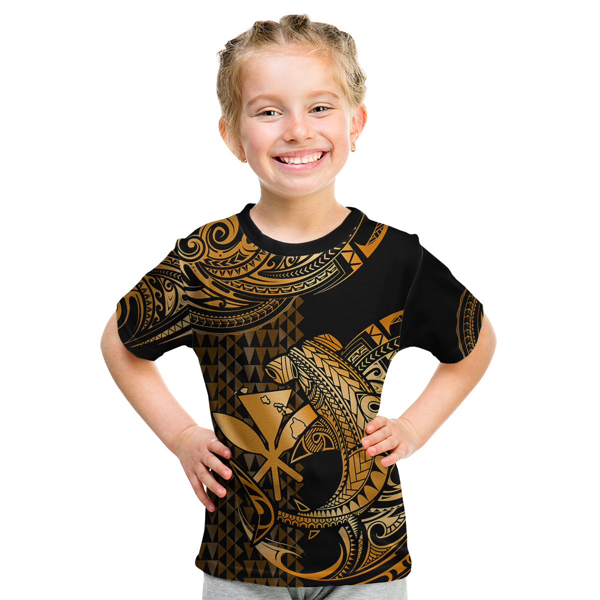 (Custom Personalised) Hawaii Hammerhead Shark Kid T Shirt Polynesian Kakau With Kanaka Gold - Wonder Print Shop