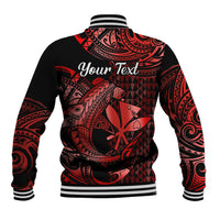 Red/black baseball jacket with shark print on back, striped hem and cuffs, 'Your text' graphic