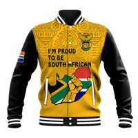 Yellow baseball jacket with black sleeves, varsity collar, front South Africa map graphic