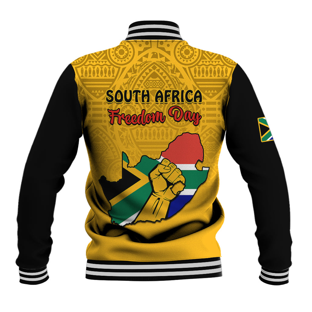 Yellow baseball jacket with black sleeves, ribbed striped collar and hem, back South Africa Freedom Day graphic