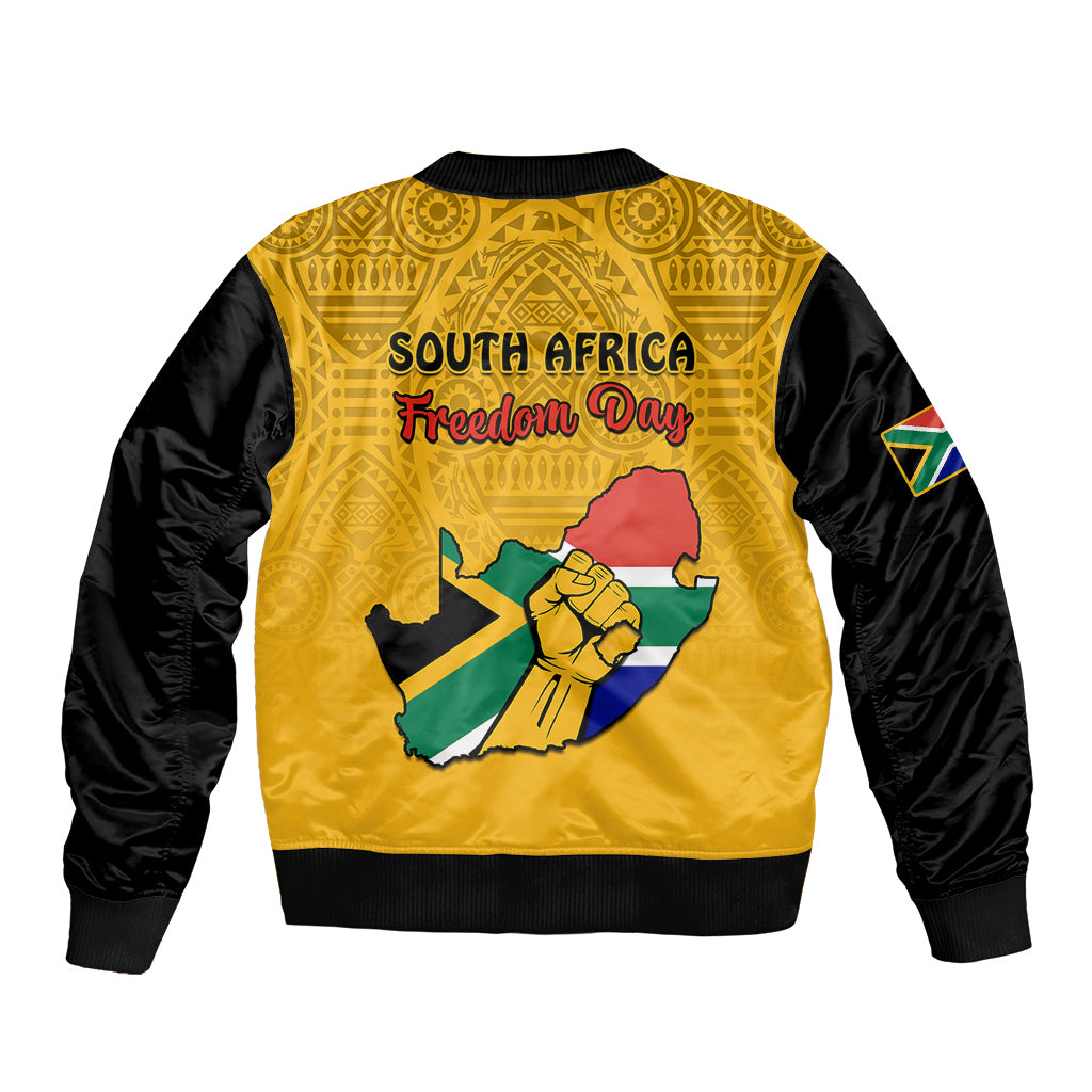Unisex yellow bomber jacket with black sleeves, ribbed hem, large back freedom-day graphic