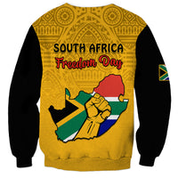 Yellow unisex sweatshirt with African pattern and 'South Africa Freedom Day' back print
