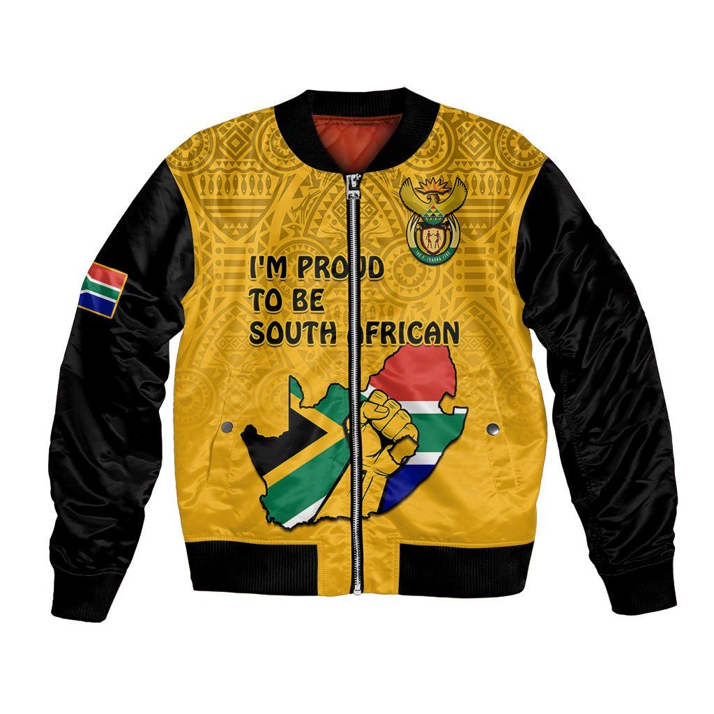 Yellow bomber jacket with black sleeves, African pattern, front zip and South Africa map graphic