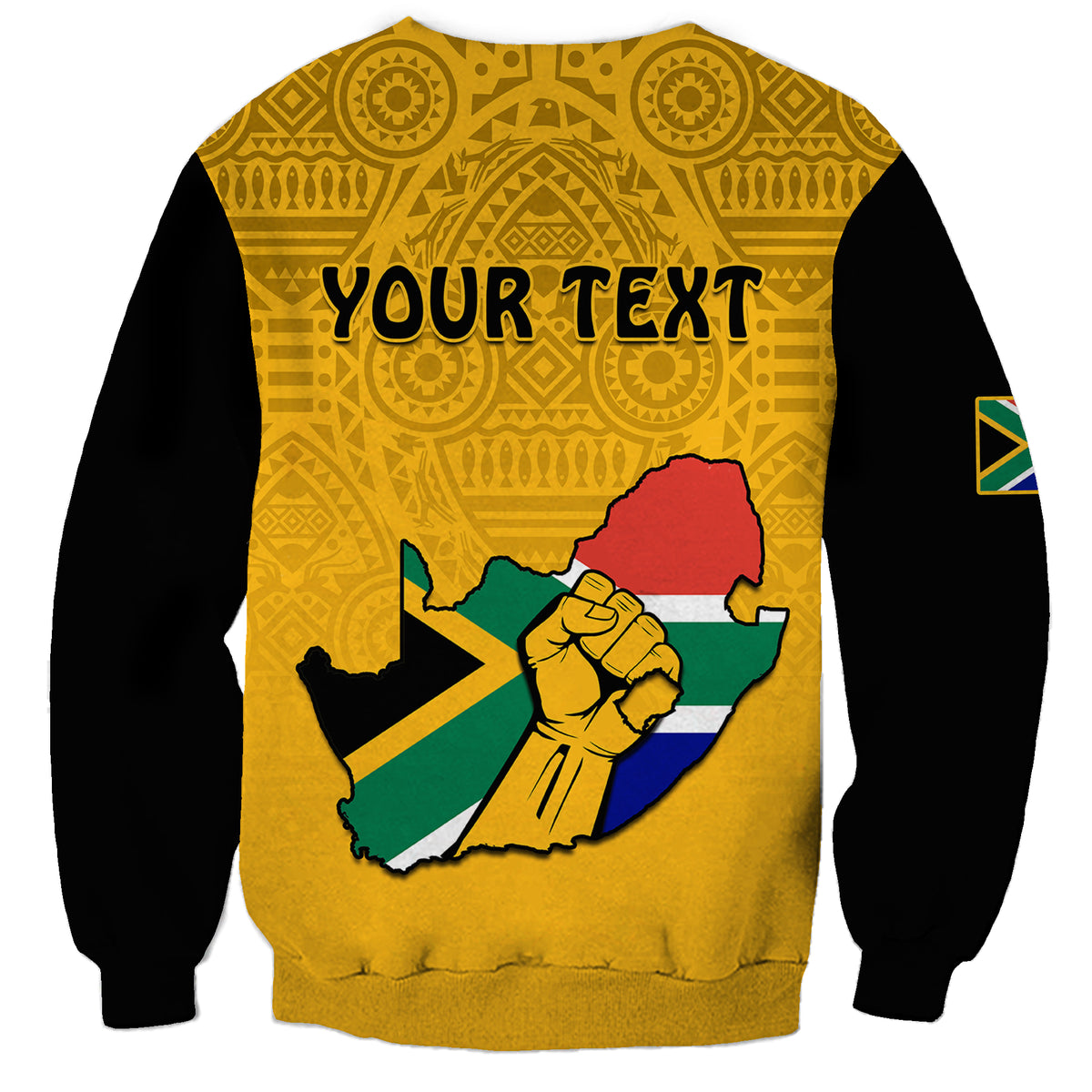 Unisex yellow sweatshirt with black sleeves, African pattern and South Africa map; 'YOUR TEXT'