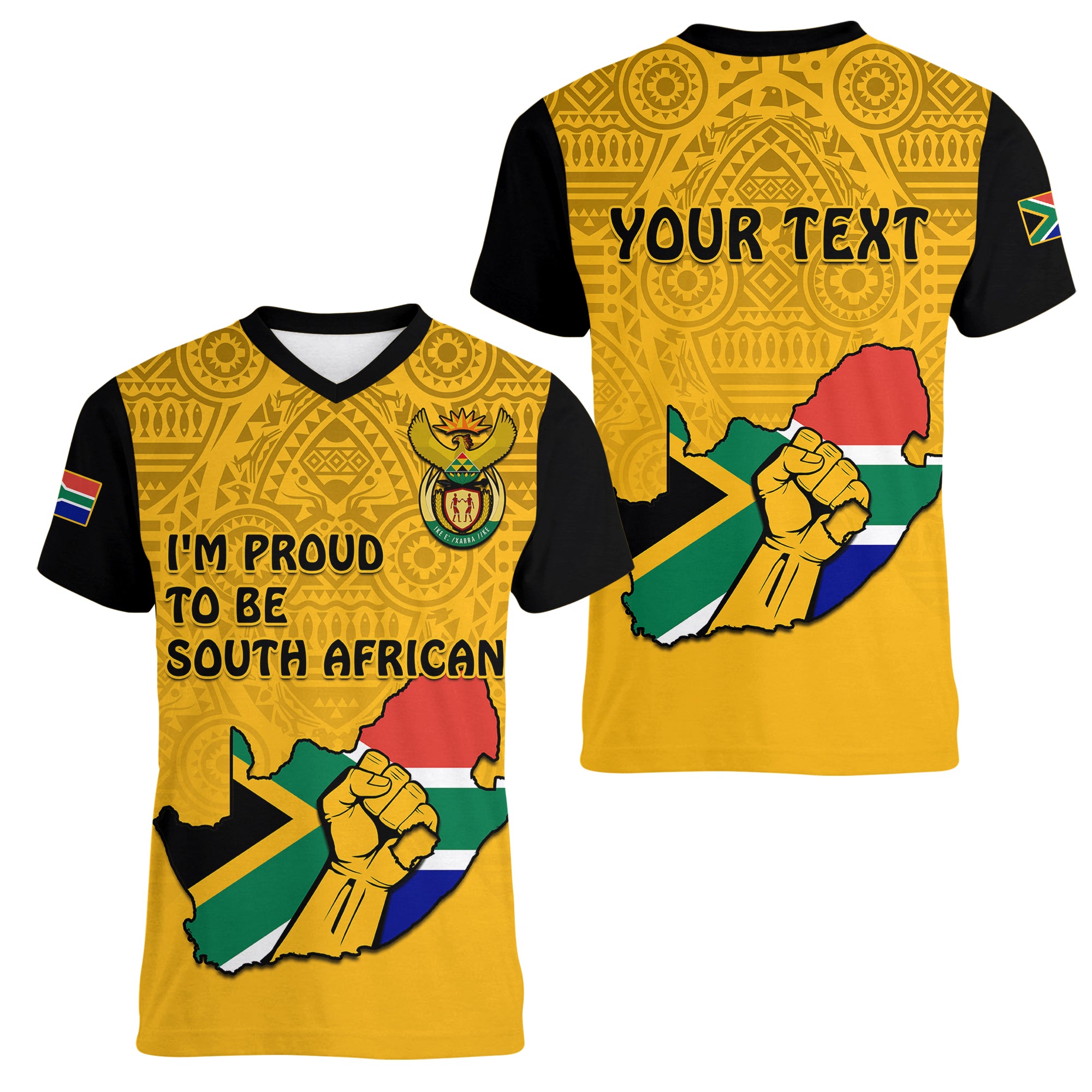 custom-personalised-south-africa-women-v-neck-t-shirt-african-pattern-happy-freedom-day-yellow-version