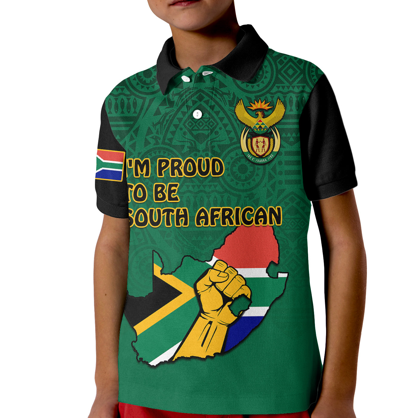 South Africa Polo Shirt for Kid African Pattern Happy Freedom Day Green Version - Wonder Print Shop