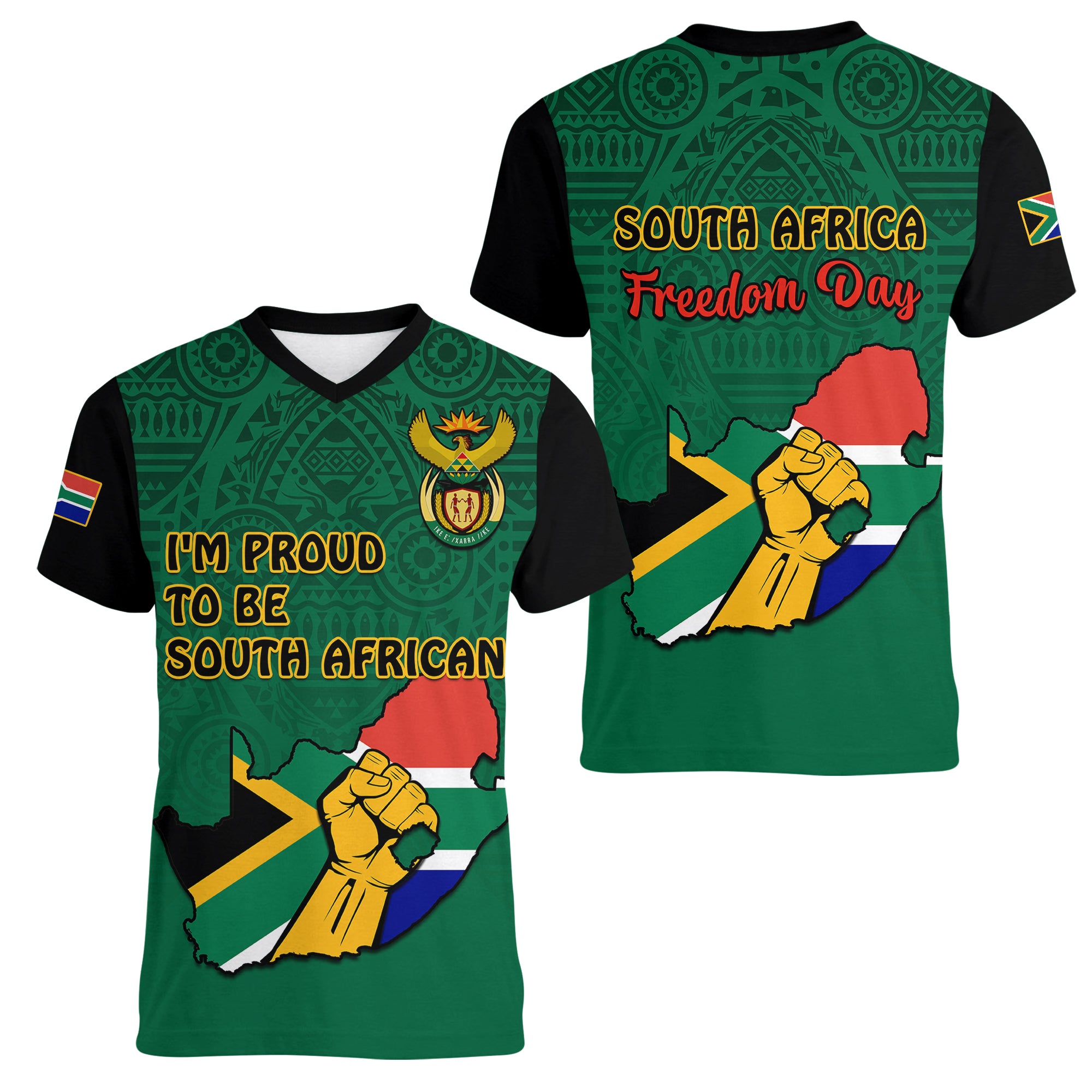 south-africa-women-v-neck-t-shirt-african-pattern-happy-freedom-day-green-version