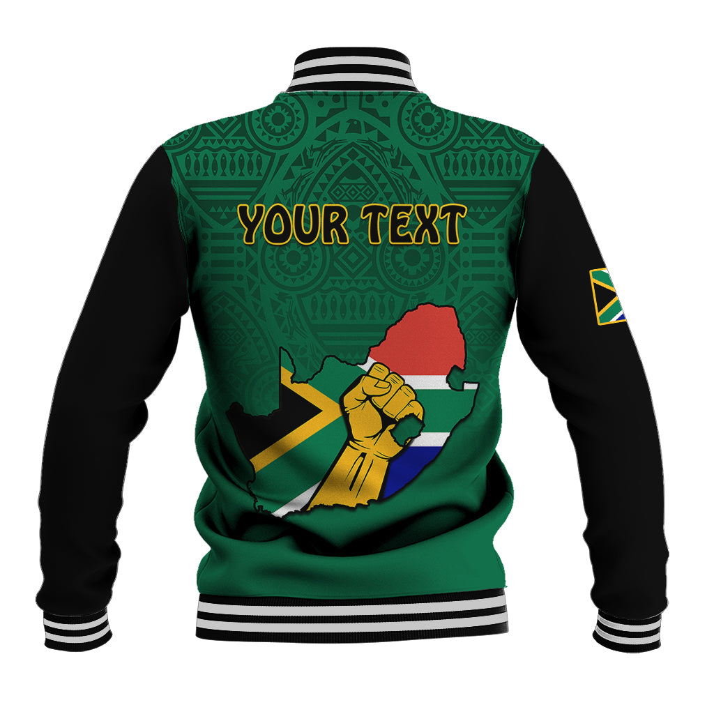 Green baseball jacket with black sleeves, striped ribbed collar, back 'YOUR TEXT' graphic
