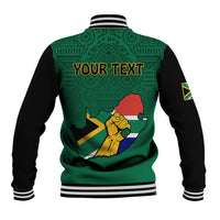 Green baseball jacket with black sleeves, striped ribbed collar, back 'YOUR TEXT' graphic