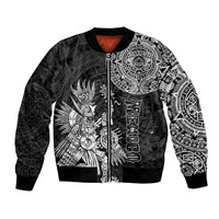 Black unisex bomber jacket with full-zip and bold Aztec-style tribal print
