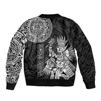 Black unisex bomber jacket back with large Aztec sun emblem and tribal warrior print