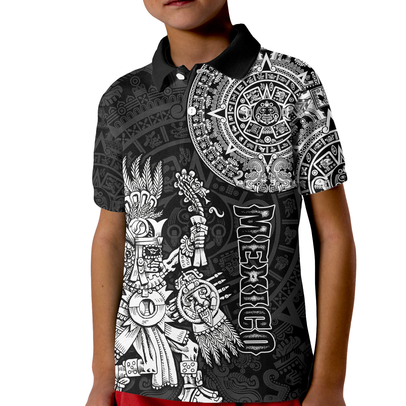 custom-personalised-mexico-aztec-kid-polo-shirt-el-calendario-maya-mix-huitzilopochtli-black