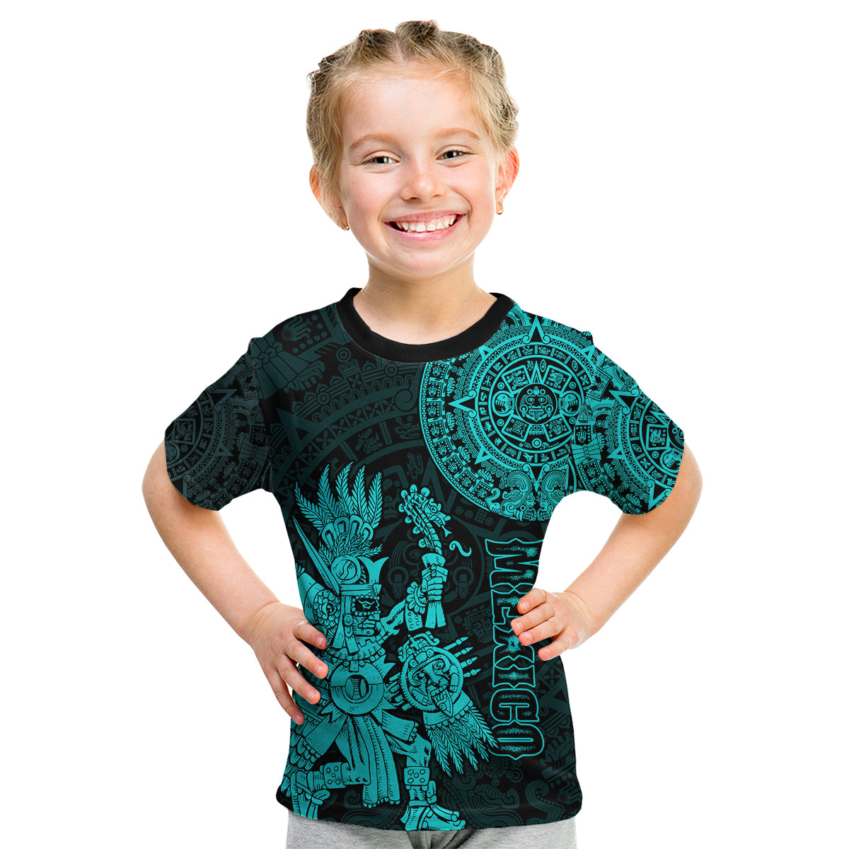 custom-personalised-mexico-aztec-kid-t-shirt-el-calendario-maya-mix-huitzilopochtli-turquoise