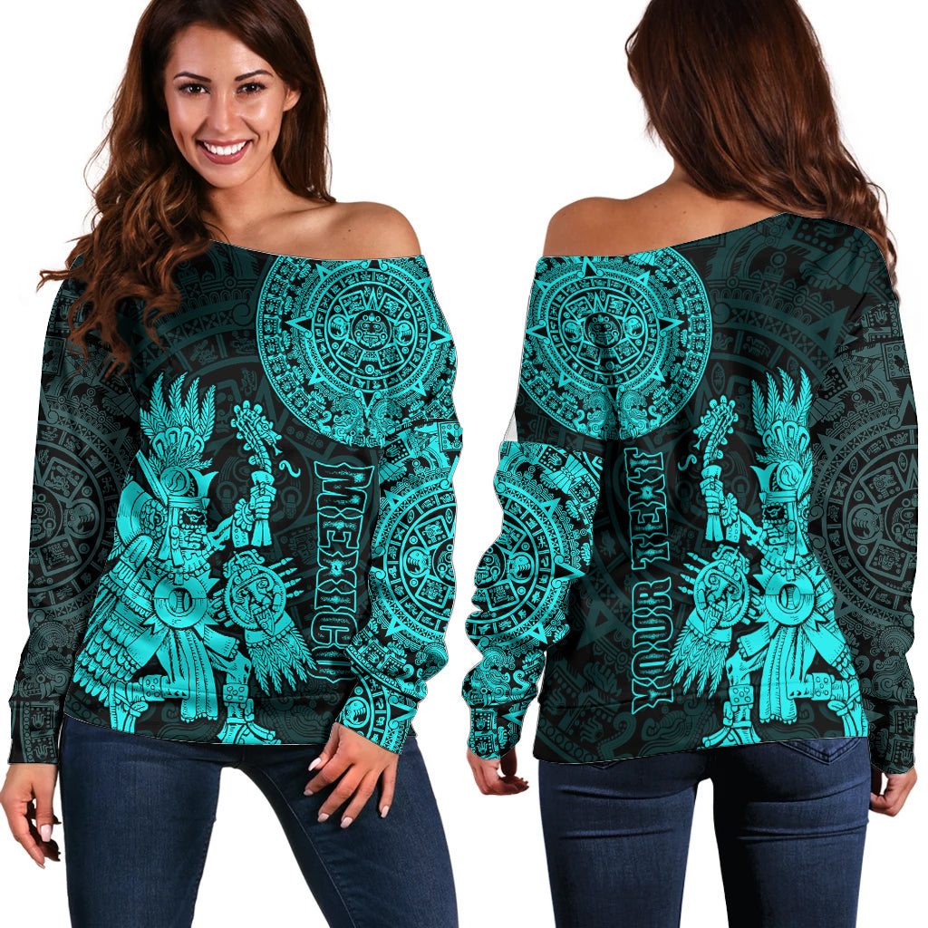 custom-personalised-mexico-aztec-off-shoulder-sweater-el-calendario-maya-mix-huitzilopochtli-turquoise