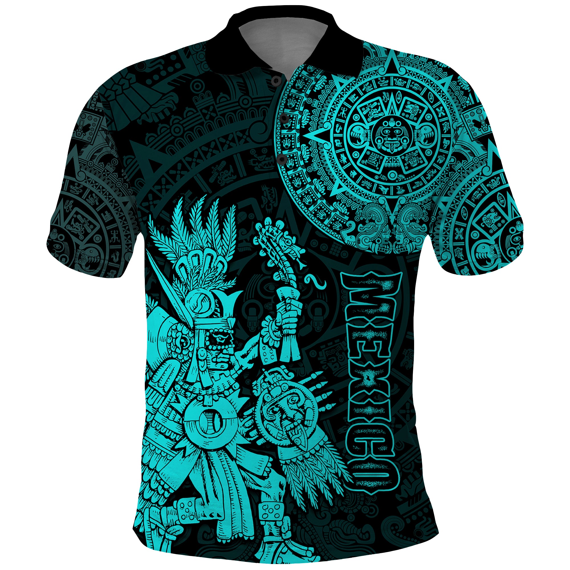 custom-personalised-mexico-aztec-polo-shirt-el-calendario-maya-mix-huitzilopochtli-turquoise