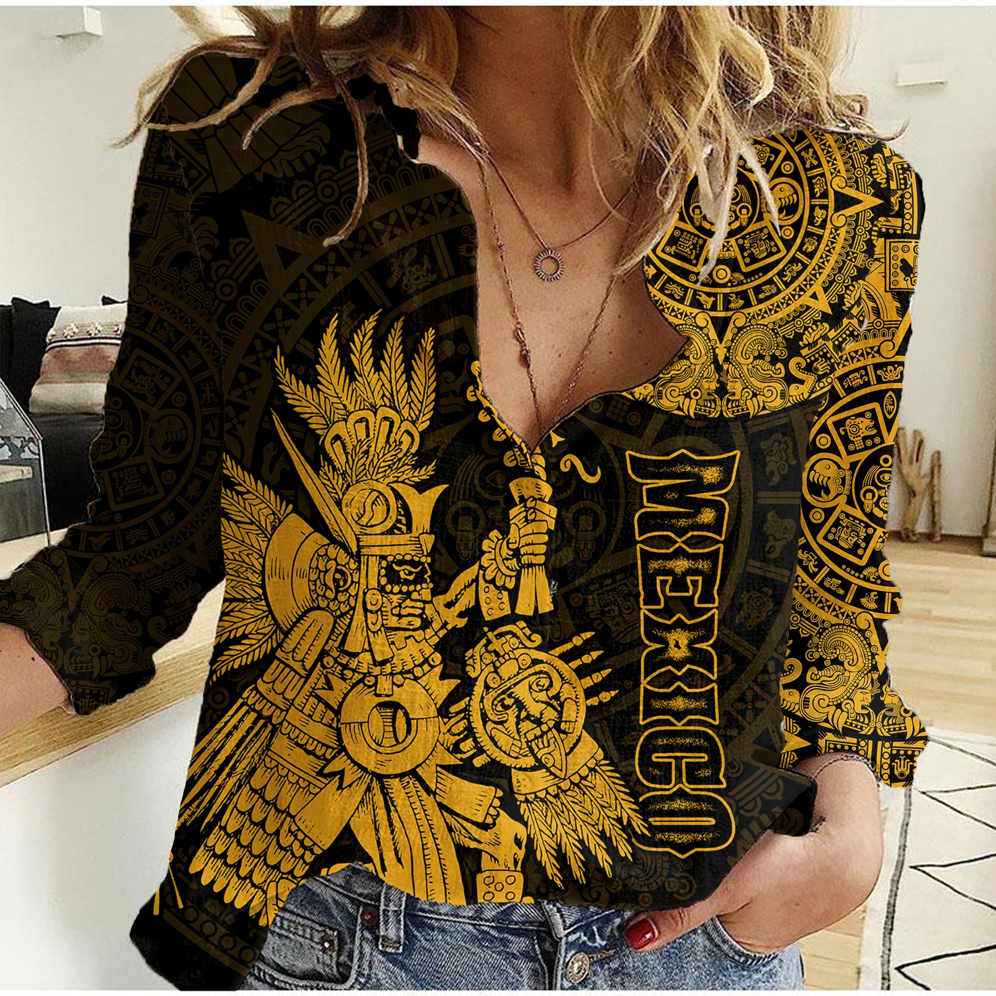 custom-personalised-mexico-aztec-women-casual-shirt-el-calendario-maya-mix-huitzilopochtli-gold