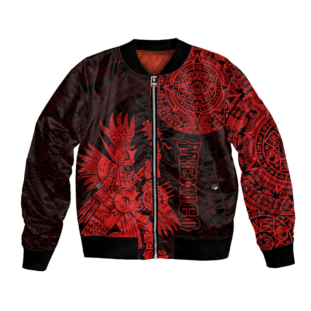 Red bomber jacket with black ribbed collar, front zipper, and Aztec-style red graphic panels