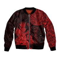 Red bomber jacket with black ribbed collar, front zipper, and Aztec-style red graphic panels