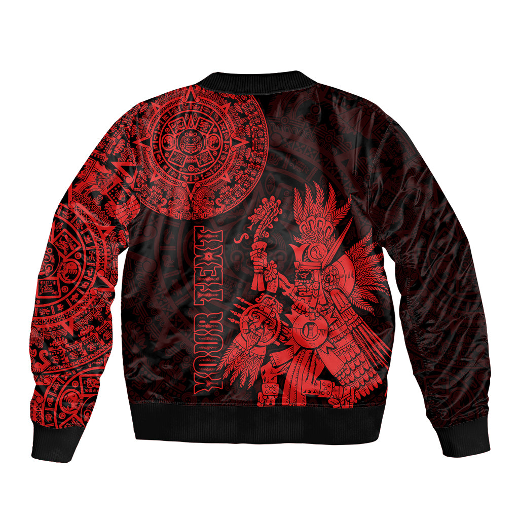Red and black bomber jacket with ribbed cuffs; large Aztec-style back graphic print