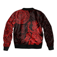 Red and black bomber jacket with ribbed cuffs; large Aztec-style back graphic print
