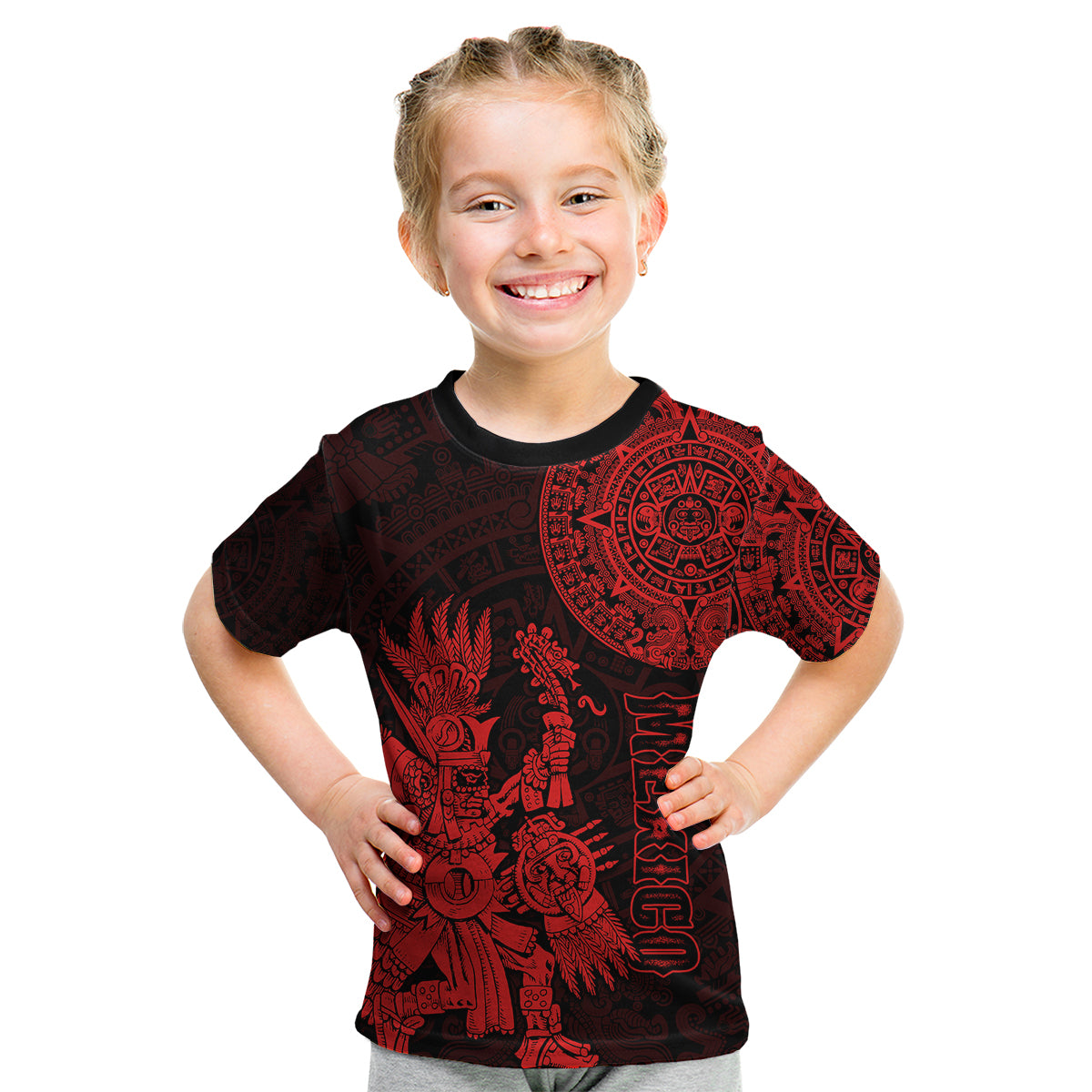 custom-personalised-mexico-aztec-kid-t-shirt-el-calendario-maya-mix-huitzilopochtli-red