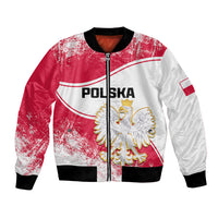 Bomber jacket with red and white panels, black collar, front zipper, eagle emblem
