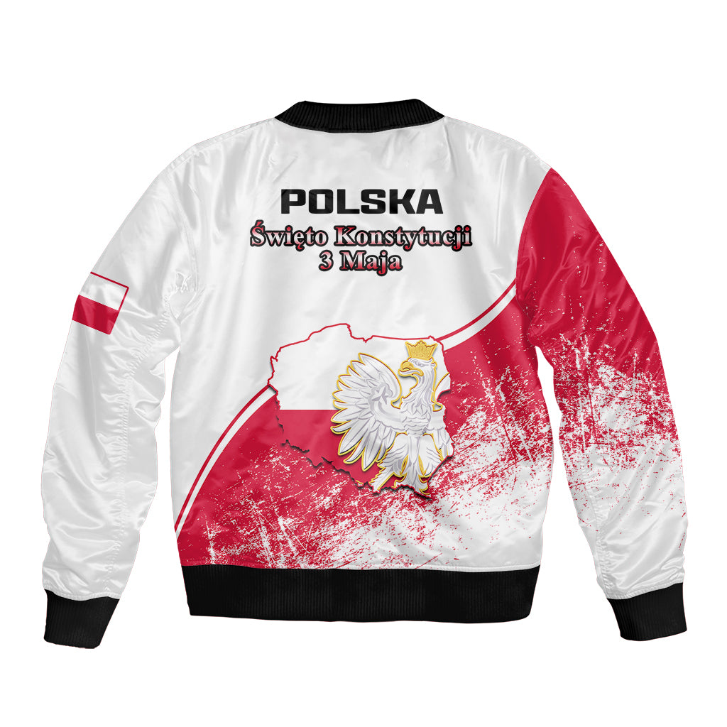 Bomber jacket back with white and red panels, black rib hem, POLSKA text and eagle crest