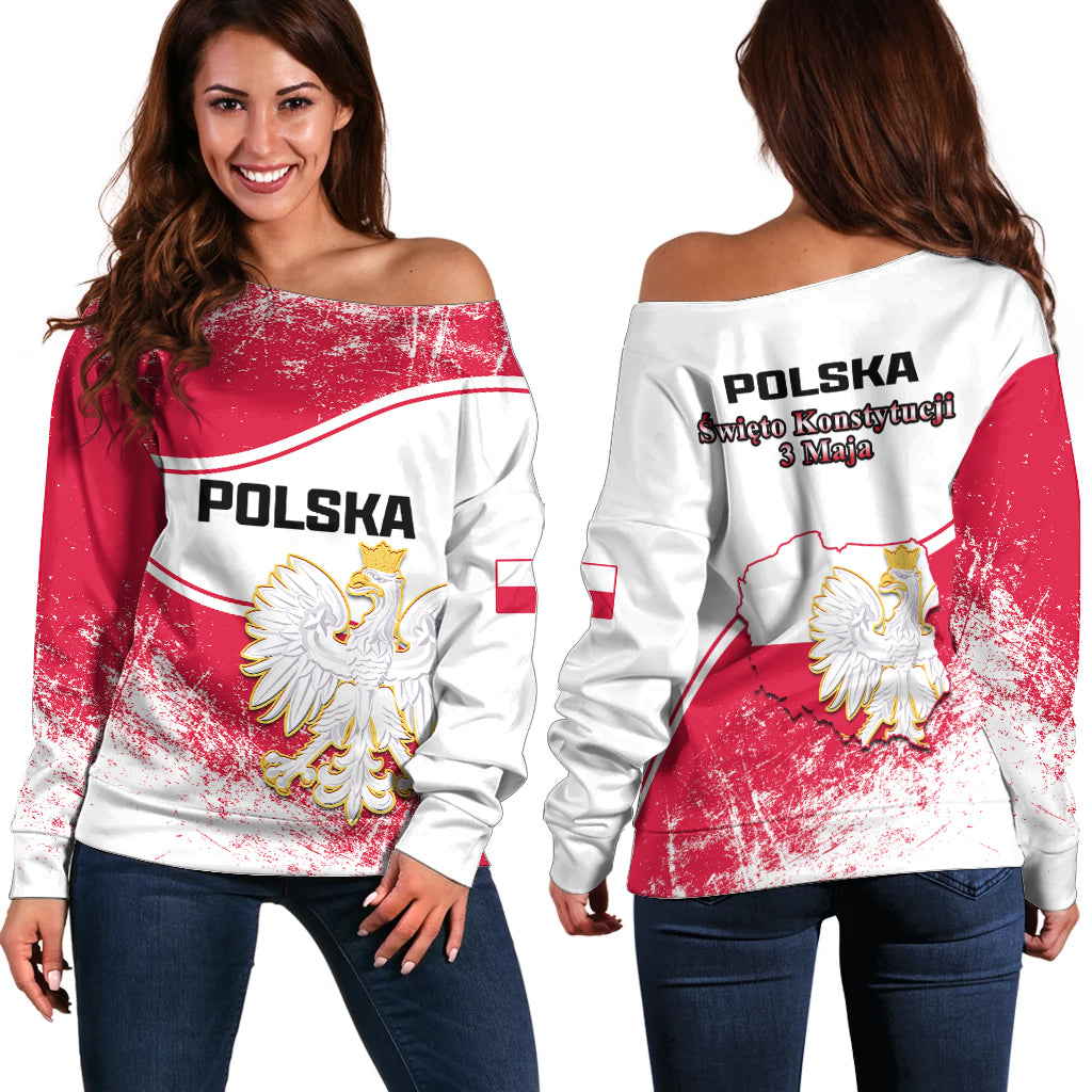 Poland Constitution Day Off Shoulder Sweater Coat Of Arms Grunge Style - Wonder Print Shop