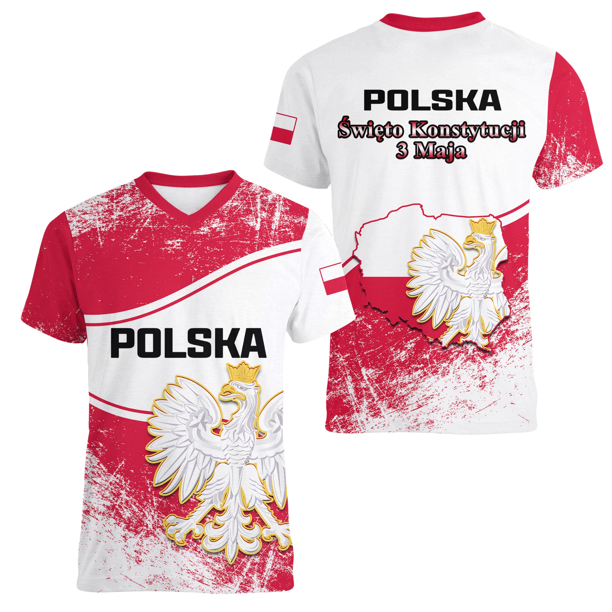 Poland Constitution Day Women V Neck T Shirt Coat Of Arms Grunge Style - Wonder Print Shop