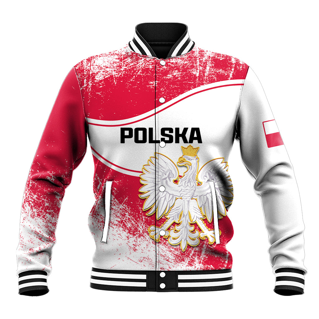 Unisex baseball jacket, red and white grunge with Poland crest and POLSKA front