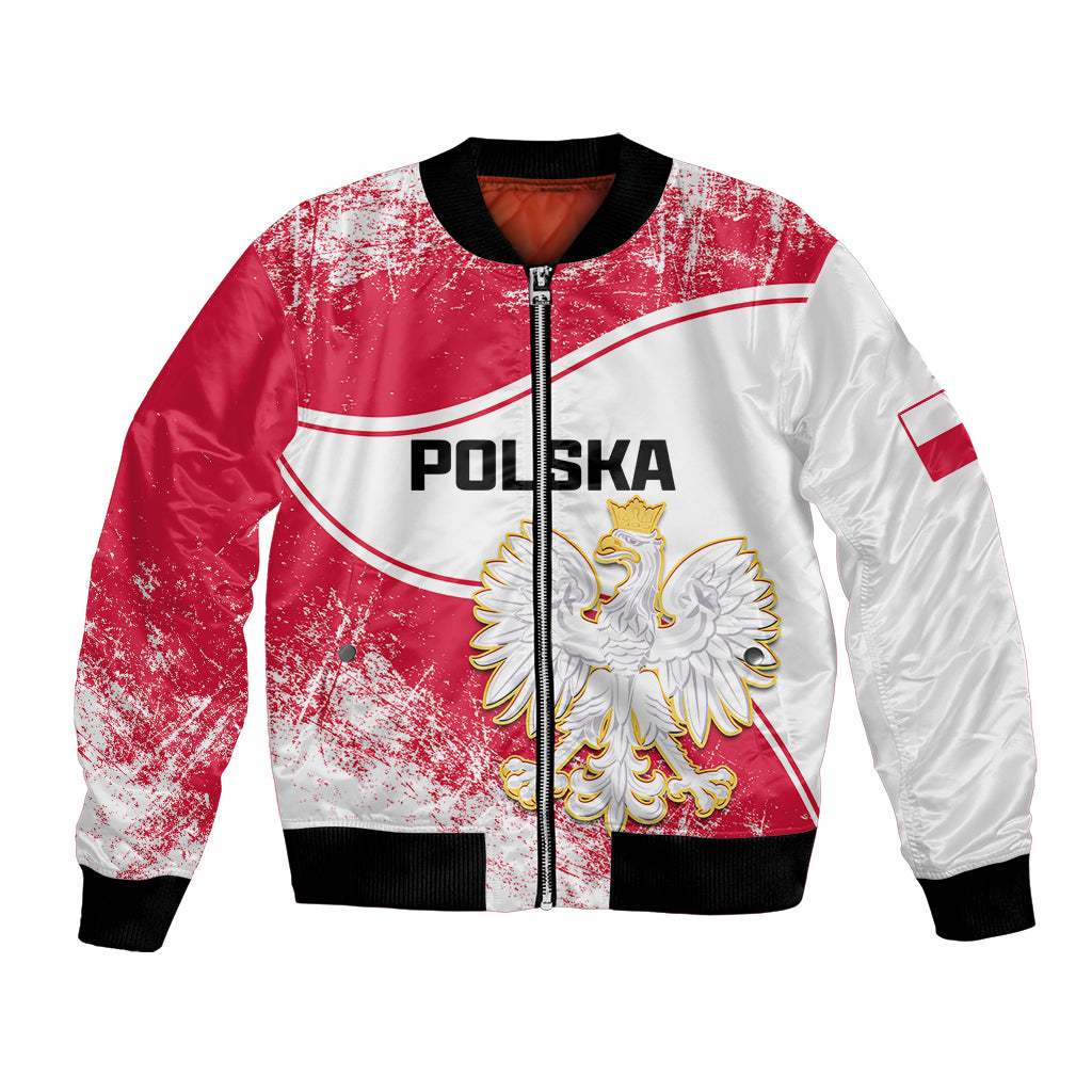 Unisex bomber jacket with red and white grunge print, black ribbed hem and zip front, eagle crest