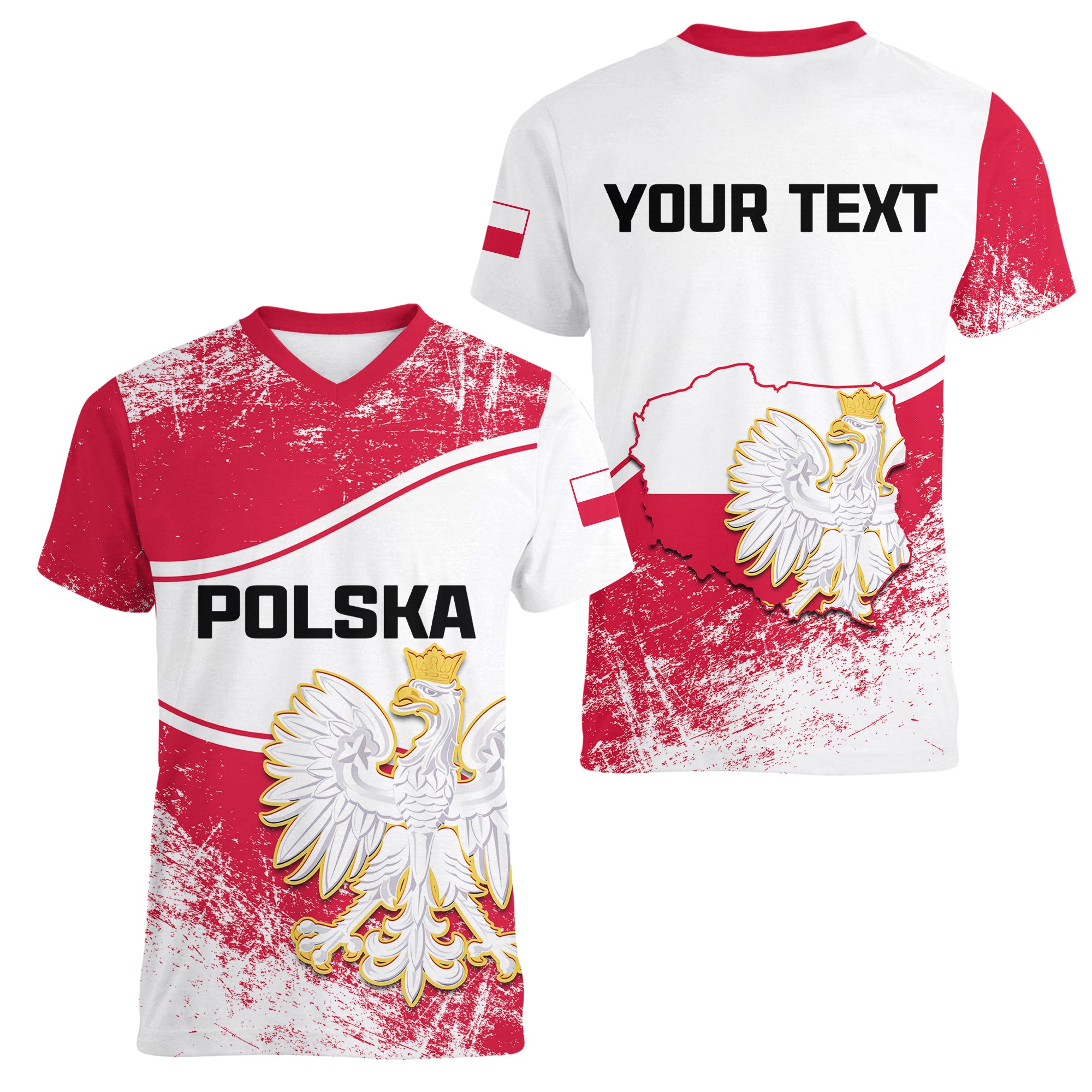 custom-personalised-poland-constitution-day-women-v-neck-t-shirt-coat-of-arms-grunge-style