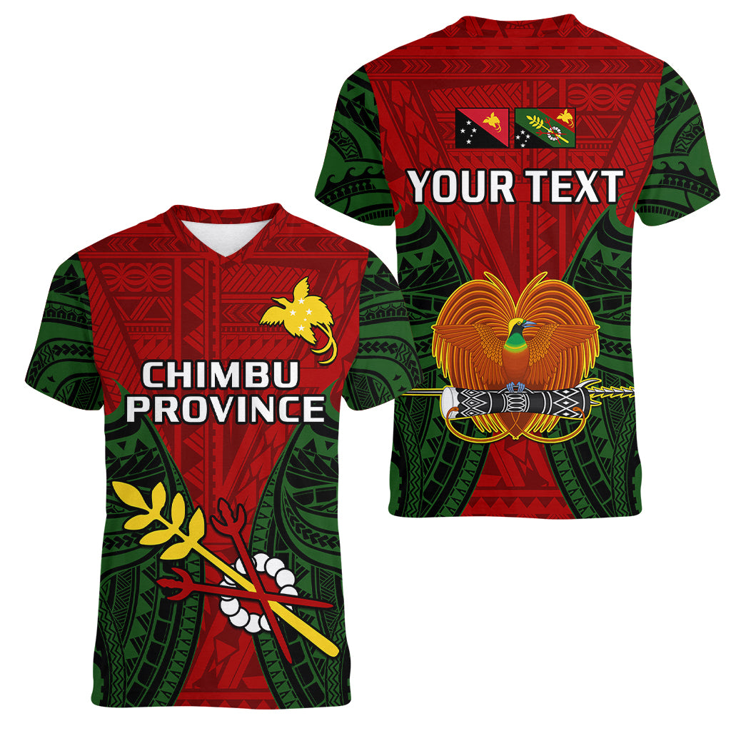 custom-personalised-papua-new-guinea-women-v-neck-t-shirt-chimbu-province-mix-coat-of-arms-polynesian-art