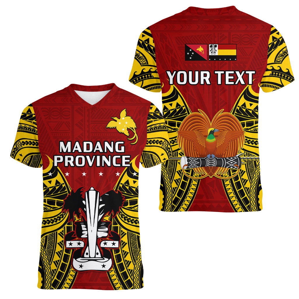 custom-personalised-papua-new-guinea-women-v-neck-t-shirt-madang-province-mix-coat-of-arms-polynesian-art