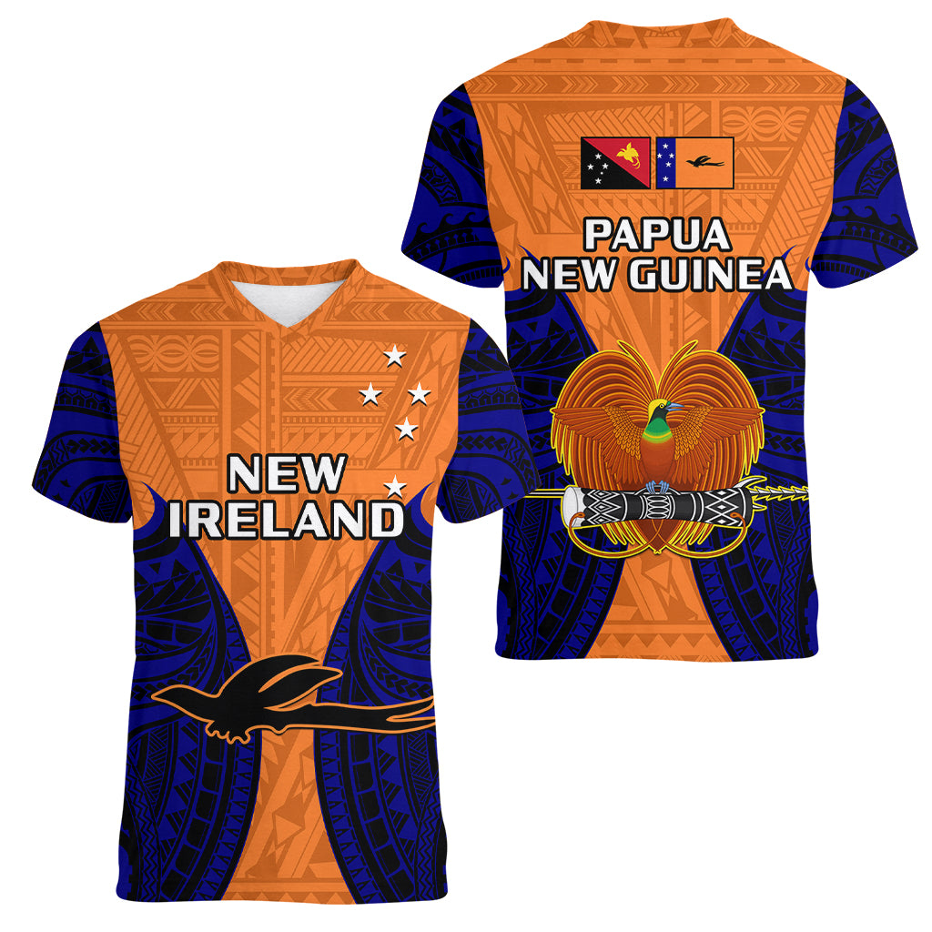 papua-new-guinea-women-v-neck-t-shirt-new-ireland-province-mix-coat-of-arms-polynesian-art