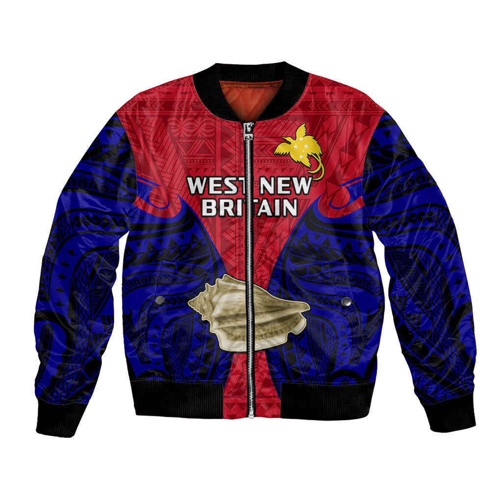 Red bomber jacket with black ribbed collar, zipper front, West New Britain print