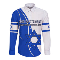 Blue and white long sleeve button shirt with Yom Ha'atzmaut print and Star of David