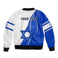 Blue and white bomber jacket back with ribbed hem, YOUR TEXT, and Star of David graphic