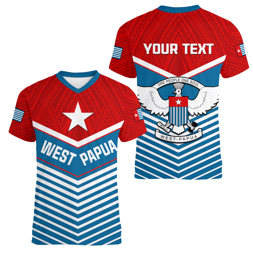 custom-personalised-west-papua-women-v-neck-t-shirt-coat-of-arms-and-morning-star-flag