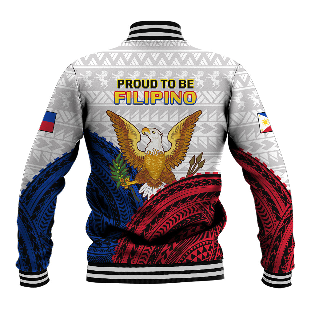 White baseball jacket with black ribbed collar, striped cuffs, and Filipino back graphic