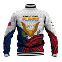 White baseball jacket with black ribbed collar, striped cuffs, and Filipino back graphic