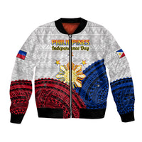 White bomber jacket with colorful Independence graphic, geometric trim, zip front, ribbed cuffs
