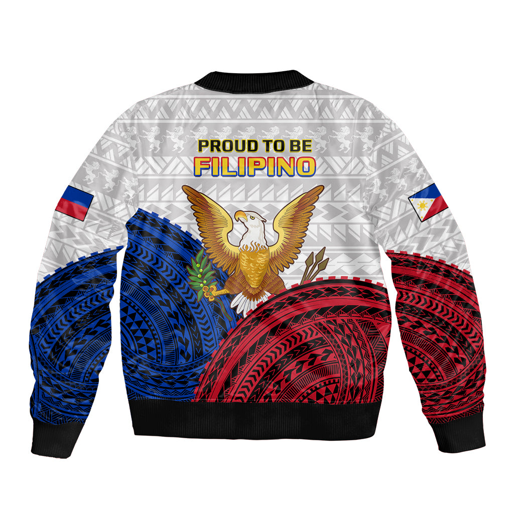 White bomber jacket back with “Proud to be Filipino” text, eagle over waves, ribbed hem