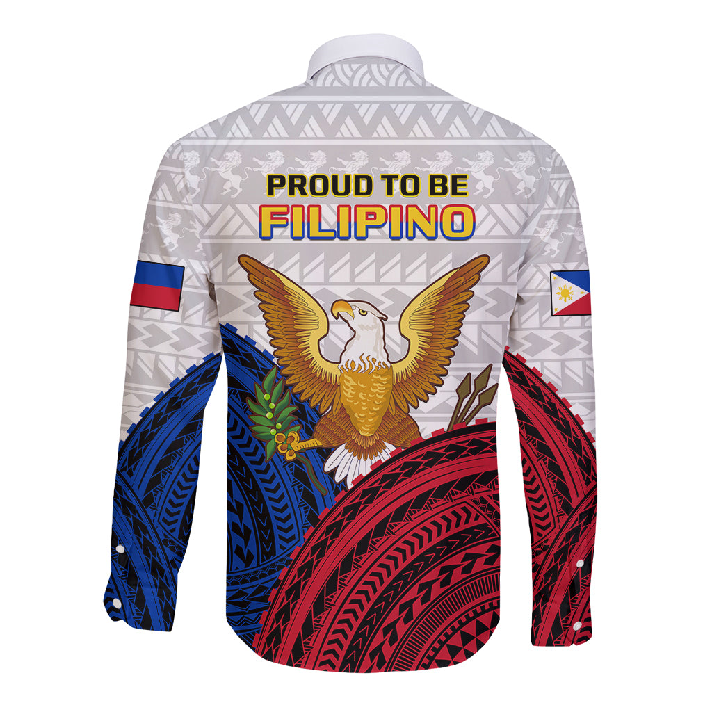 Long sleeve button shirt with Proud to be Filipino text, eagle emblem, geometric pattern, white base