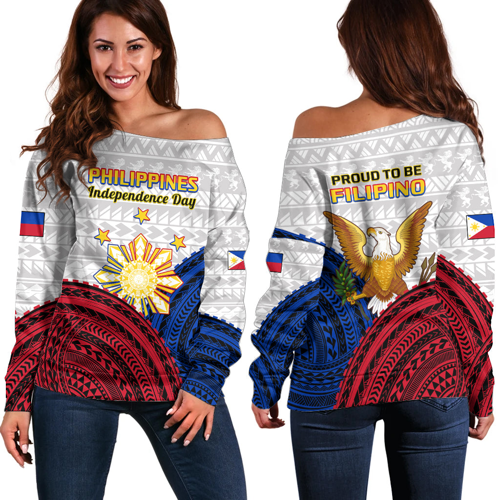 Philippines Independence Day Off Shoulder Sweater Proud To Be Filipino Polynesian Pattern - Wonder Print Shop