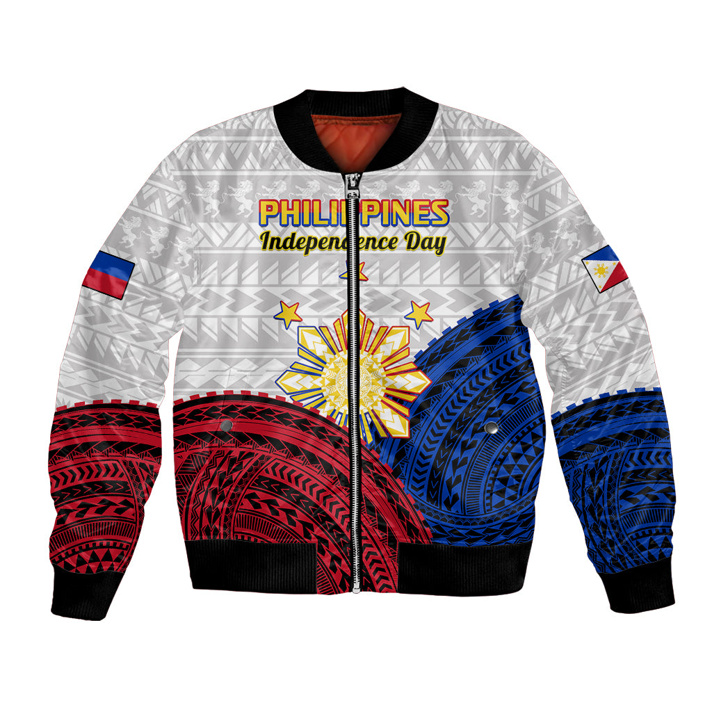 White bomber jacket with black ribbed collar, full-zip, and blue-red tribal graphic front